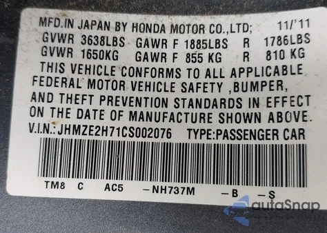 2012 Honda Insight Ex z USA, uszkodzony, nr VIN JHMZE2H71CS002076